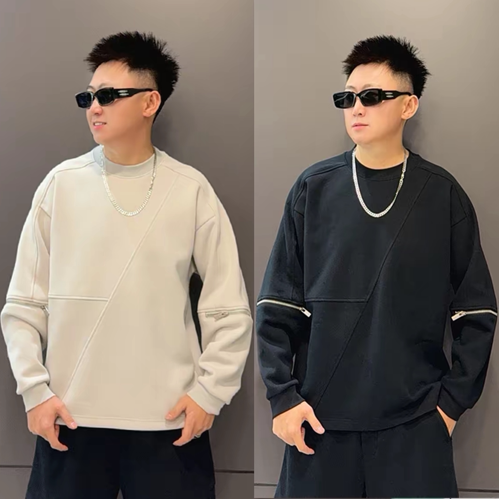 秋冬款男士潮牌简约拉链设计圆领卫衣时尚裁剪设计打底衫长袖上衣