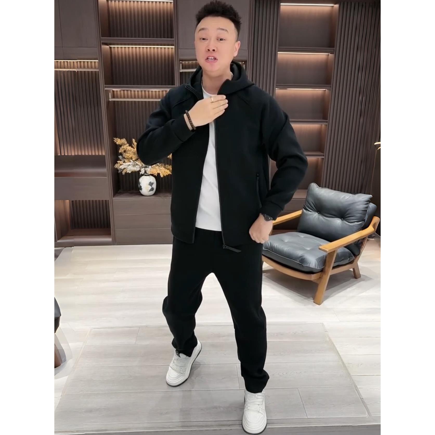 秋冬款男士重磅空气棉时尚休闲运动套装连帽开衫卫衣休闲裤两件套