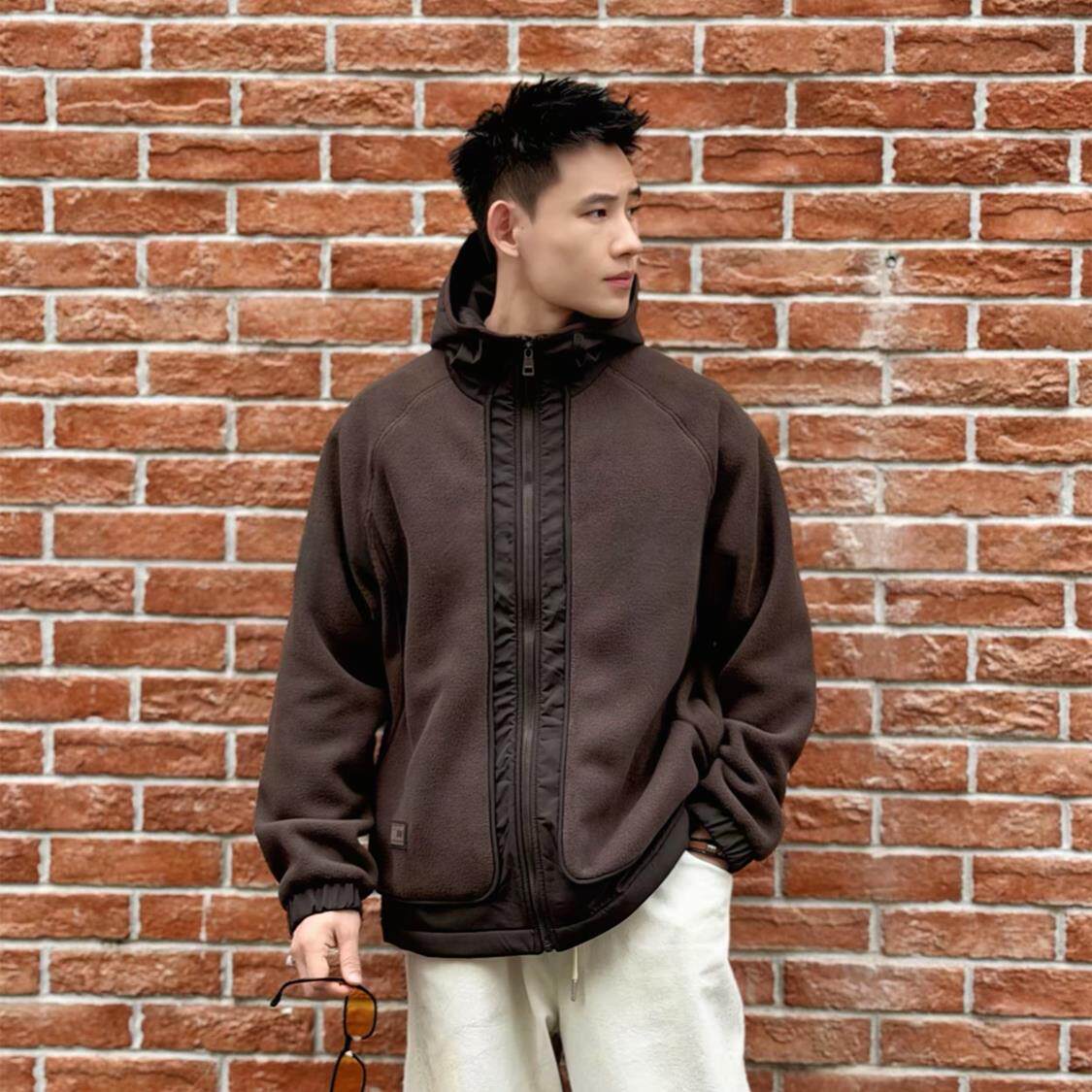 秋季男士简约拼接云朵绒感摇粒绒连帽夹克棉服外套情侣款休闲上衣