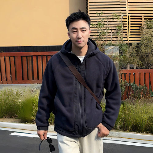 秋冬新款加厚双面摇粒绒连帽外套男美式复古百搭通勤防寒棉服夹克