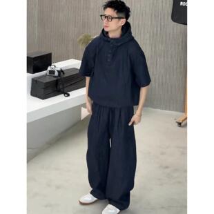 春夏男士蒙太奇天然棉麻牛仔休闲套装连帽衬衣半袖休闲长裤两件套