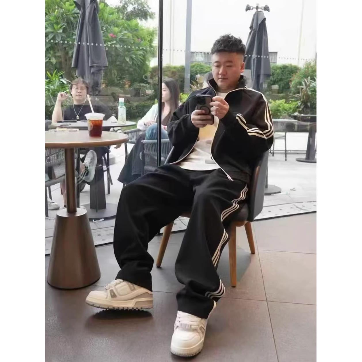 秋季男士潮流时尚拼色三道杠休闲运动套装情侣款外套休闲裤两件套