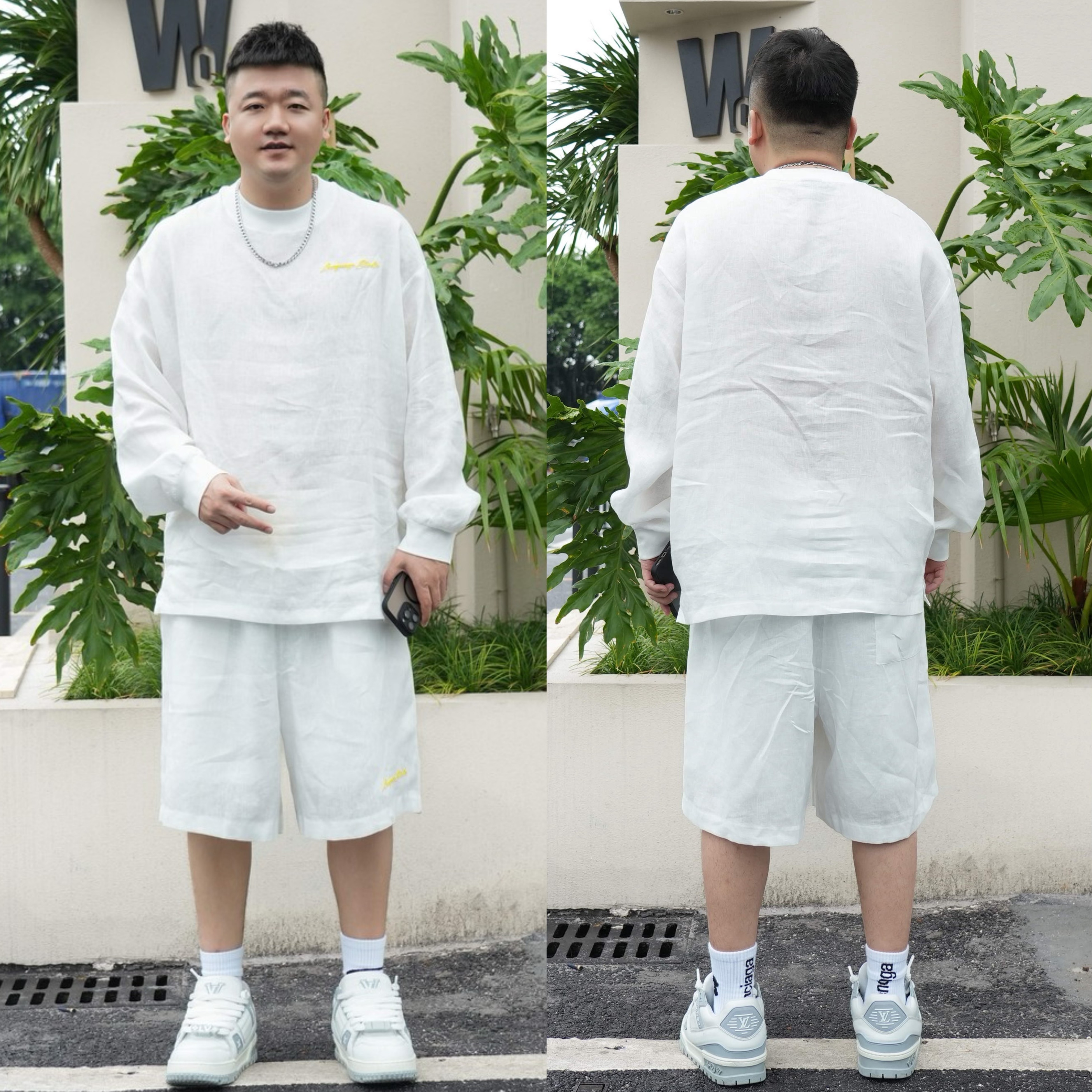 夏季新款亚麻刺绣休闲套装男潮牌慵懒风宽松百搭防晒长袖T恤短裤