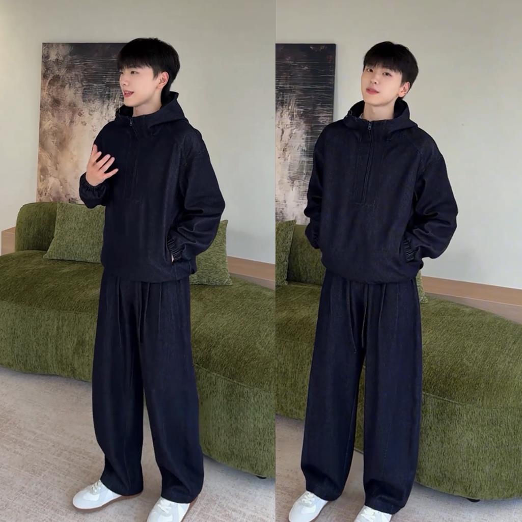 秋季男士户外感藏青半开襟连帽时尚牛仔套装宽松上衣休闲裤两件套