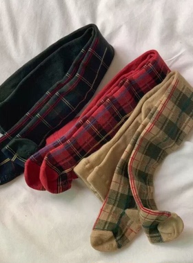 现货韩国儿童袜子team春秋款女孩百搭学院风格子圣诞绿色连裤袜