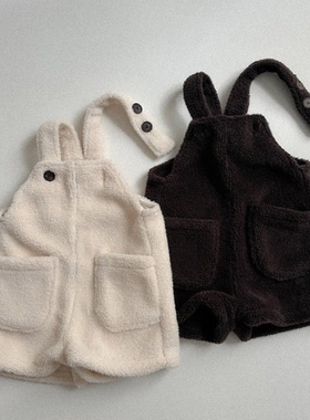 韩国童装代购2025冬新款ATOMEME男女孩宝宝小童羊羔毛儿童背带裤