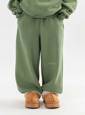 韩国童装代购2025冬新款bucketlist男女孩中大童抓绒宽松束脚卫裤