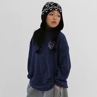 韩国童装代购2025冬新款12months男女孩时尚条纹高领长袖打底T恤