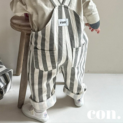 韩国童装代购2026春新款con男女孩百搭小童时尚竖条纹儿童背带裤