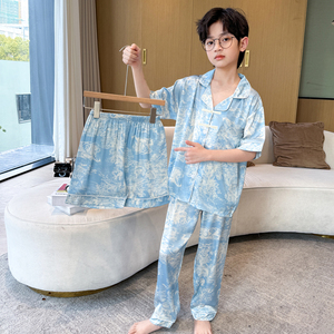 儿童冰丝睡衣夏季中大男童家居服夏天2024薄款小孩空调服三件套装