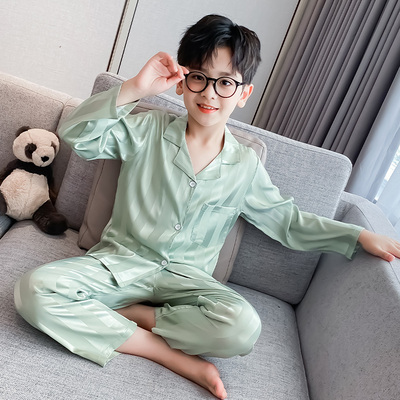 男童冰雪丝睡衣春秋2023大儿童家居服薄款小孩长袖空调服夏季套装