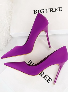 紫色高跟鞋女夏高级感职业细跟超高跟绸缎浅口尖头大码41-43单鞋