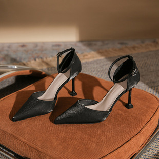 职业中空包头凉鞋女8cm黑色绸缎细跟尖头高跟鞋一字带简约工作鞋