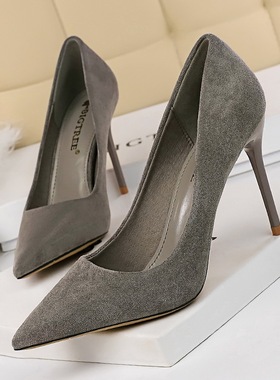 职业高跟鞋百搭大码41-43灰色2025新款尖头气质名媛绒面宴会细跟