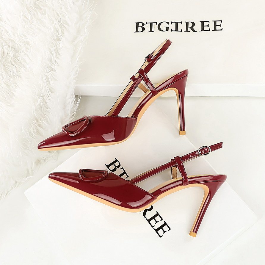 包头高跟鞋细跟绝美性感V扣尖头浅口后绊带酒红色凉鞋夏季大码女,女鞋,时装凉鞋,淘宝优惠券,粉丝福利购,淘宝优惠卷