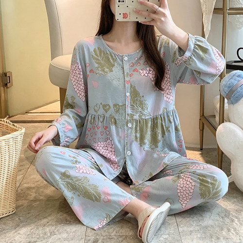 棉绸睡衣女春夏季薄款长袖空调服少女学生绵绸家居服卡通大码套装