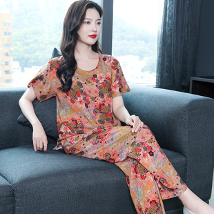女式 短袖 夏季 妈妈棉绸薄款 女 大码 宽松套头圆领睡衣绵绸人造棉套装