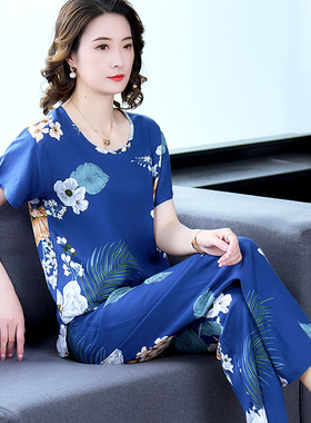 夏季中年妈妈睡衣家居服宽松棉绸套装绵绸婆婆薄款圆领舒适大码版