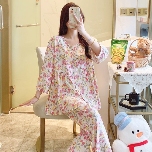 棉绸睡衣女春秋长袖大码套装甜美绵绸夏季薄款人造棉可外穿家居服