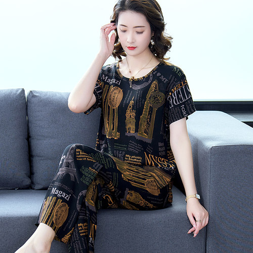 女棉绸大码宽松韩版短袖睡衣套装