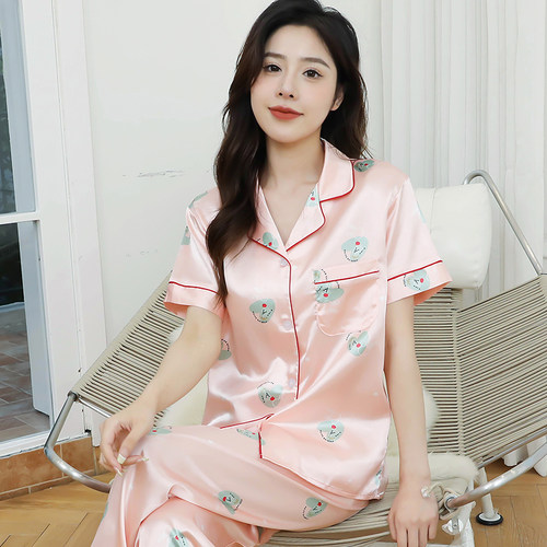 女士丝绸薄款短袖印花睡衣家居服