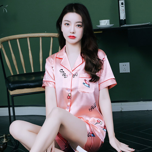 短袖睡衣女士丝绸家居服两件套