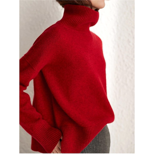 高领羊绒衫女2024新款100纯羊绒开叉新年红色毛衣本命年洋气宽松