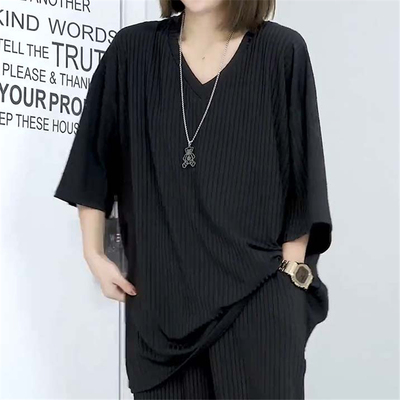 胖mm300斤宽松螺纹五分袖T恤女