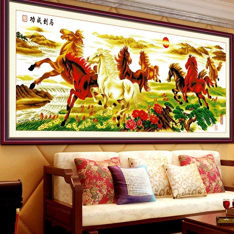 印花十字绣马到成功八骏图3米大十字绣新款客厅大幅满绣棉线丝线