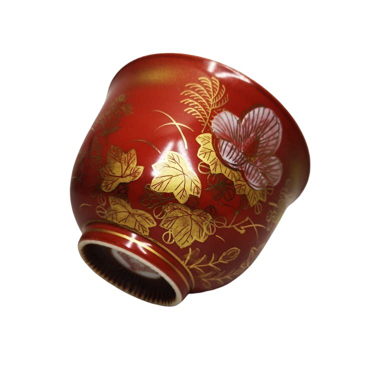 日本九谷美山窑昭和红釉描金大号茶杯全品6*8.5cm