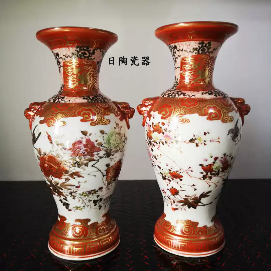 英国回流日本九谷明治金彩描金双耳矾红花鸟罐瓶摆件精品19cm全品