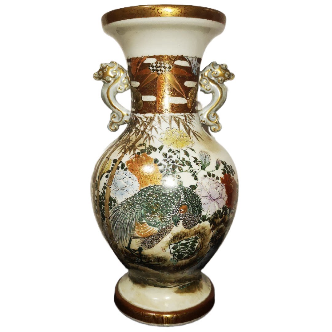 日本九谷加贺明治手绘五彩描金花鸟双耳瓶品相完整画工精细31cm