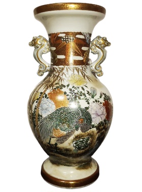 日本九谷加贺明治手绘五彩描金花鸟双耳瓶品相完整画工精细31cm