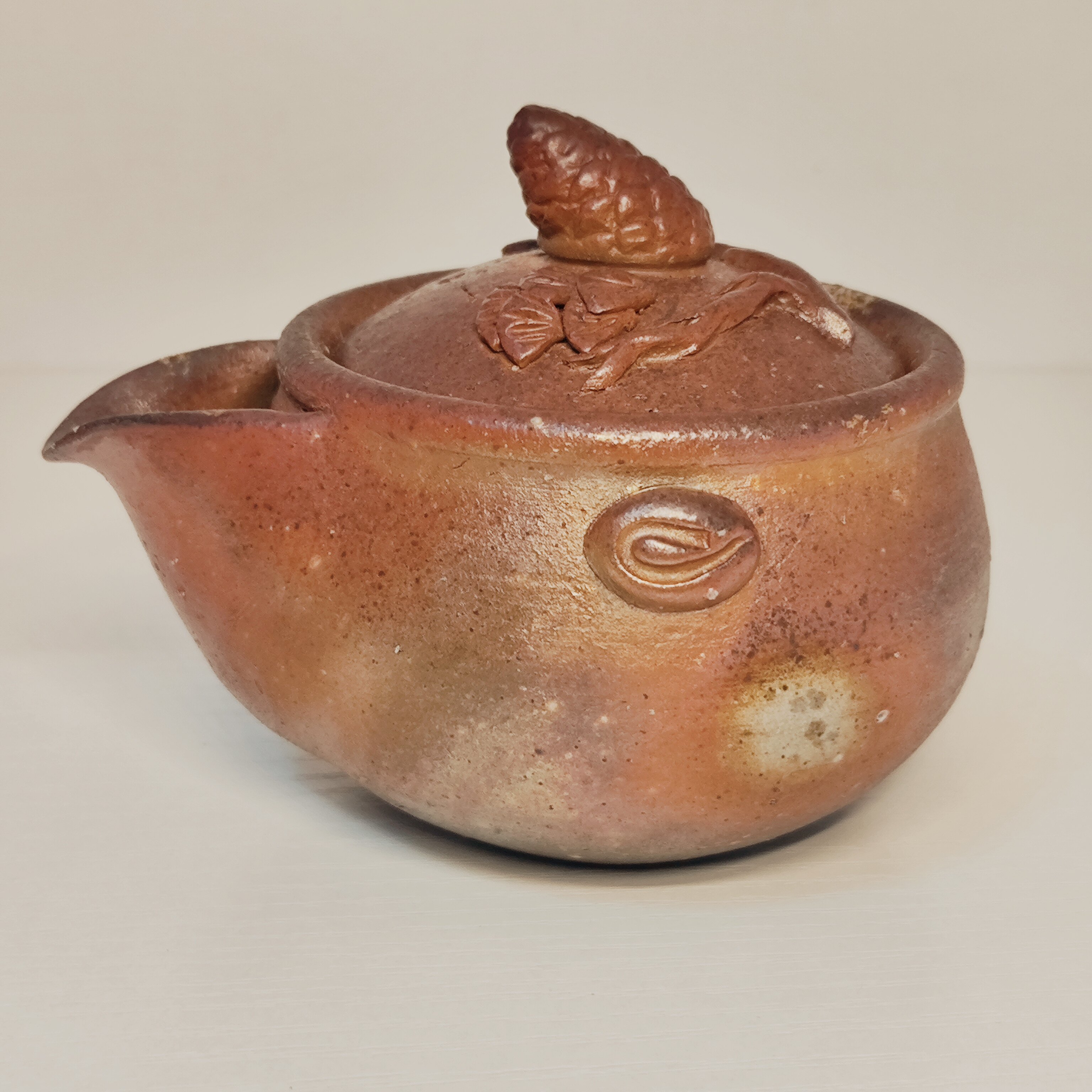 日本备前烧松果摘石井智之造宝瓶柴烧茶壶全品