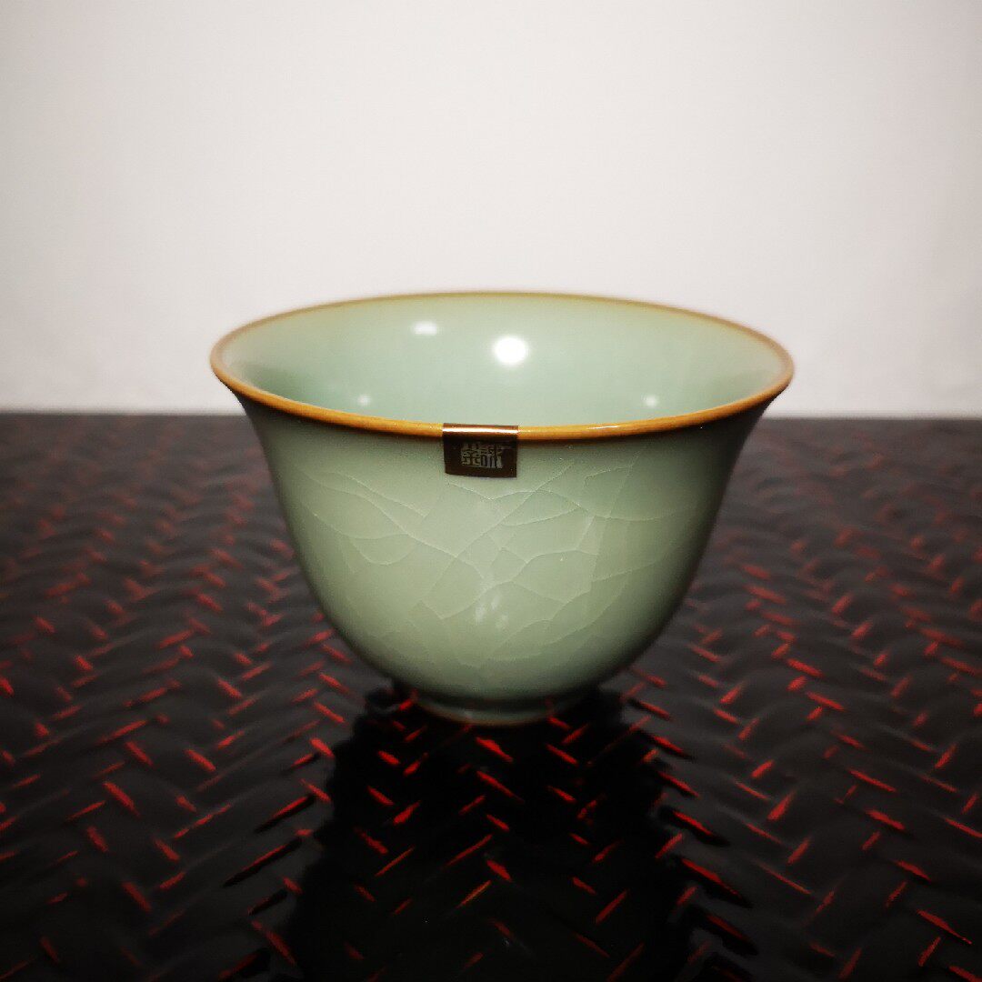 景德镇汝瓷品茗杯谢小金粉青花神杯细开片全品原盒7.8*5.2cm包邮