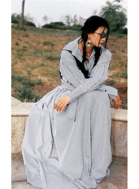 threeday复古v领超长款宽松气质黑白条纹长款衬衣裙系带长袖外套