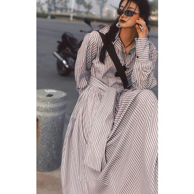 复古大裙摆条纹宽腰带超长