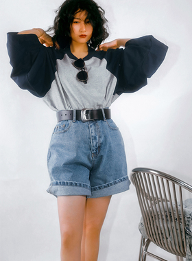 threeday经典复古卷边牛仔短裤女高腰显瘦a字宽松浅蓝水洗热裤