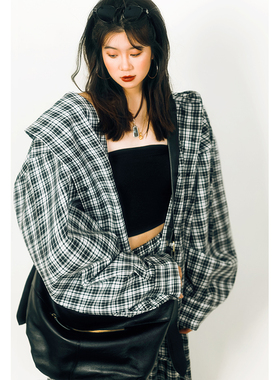 threeday复古小格子连帽黑白长袖衬衣外套女垂顺宽松插肩防晒上衣