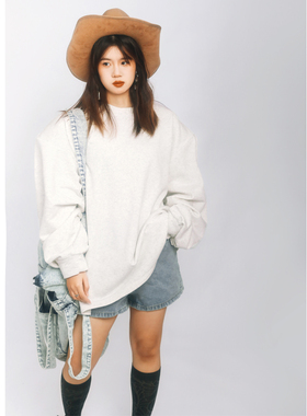threeday白灰色复古套头卫衣大垫肩女宽松长袖外套中长款纯棉毛圈