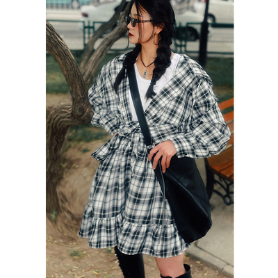 黑白格子套装宽松高腰连帽