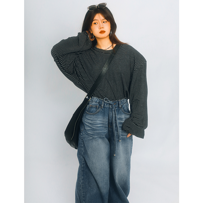 长袖复古条纹垫肩宽松男女