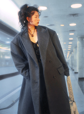 复古深邃气质双排扣深灰羊毛大衣女垫肩宽松超长款帅气毛呢外套冬