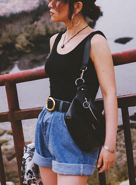 90年代经典复古帅气浓郁黑色背心女外穿宽肩带简约棉质U领上衣夏