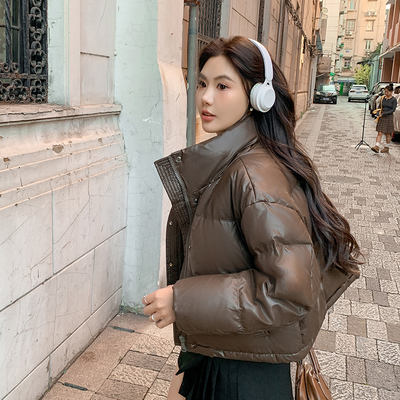 高级感立领PU皮衣短款羽绒服女2025冬季新款欧美肯豆风时尚外套女