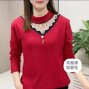 蕾丝保暖卫衣潮 高档女内搭网纱双面磨毛打底衫 长袖 洋气时尚 小衫