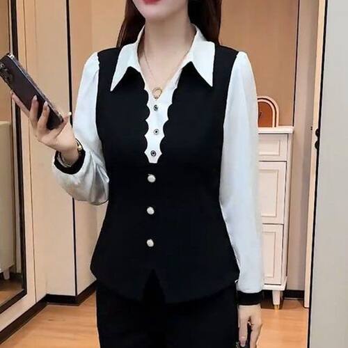 春夏新款时尚洋气减龄长袖t恤女宽松显瘦百搭打底上衣衬衫假两件