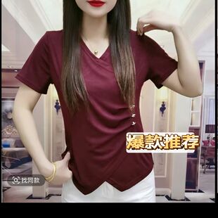 新款高档V领短袖女宽松显瘦上衣休闲百搭衬衫时尚洋气减龄外套