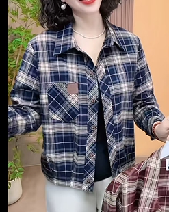 2026新款秋季中年妈妈格子衬衫女春秋开衫外套洋气衬衣中长款上衣