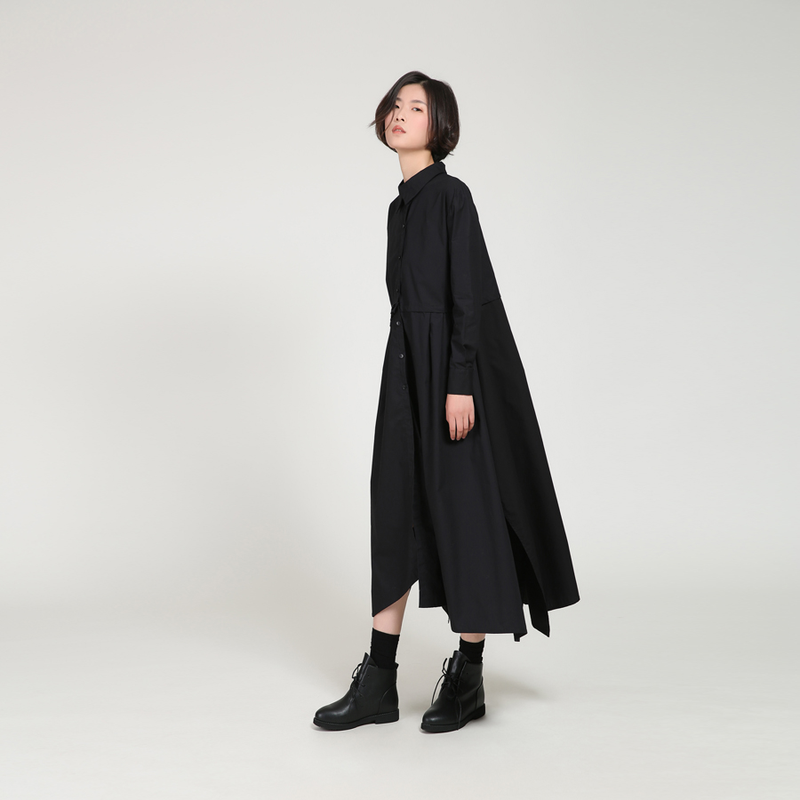 budu不渡原创设计 黑色解构风不规则长款衬衫连衣裙风衣外套